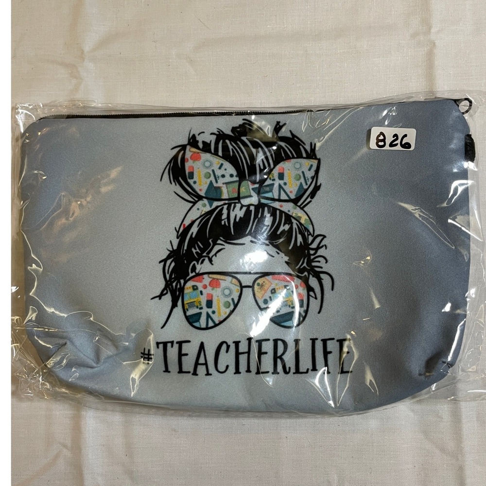 The Pouch Cosmetic Bag Women Small Blue NEW #TeacherLife Messy Bun Graphic